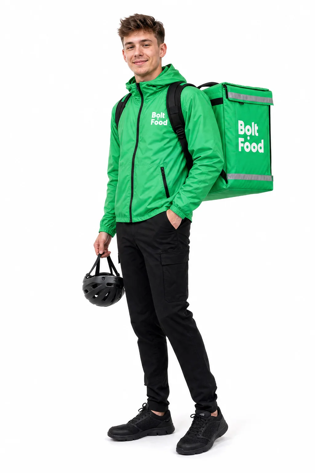 Curier Bolt Food cu rucsac verde și cască