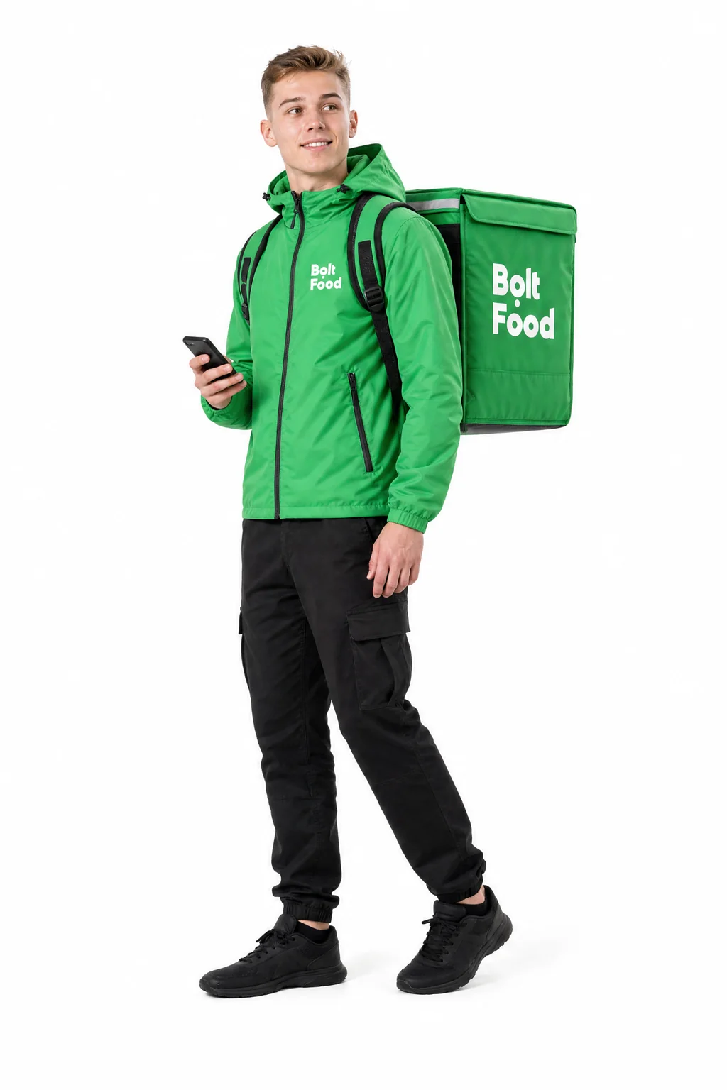 Curier Bolt Food cu telefon și rucsac de livrare