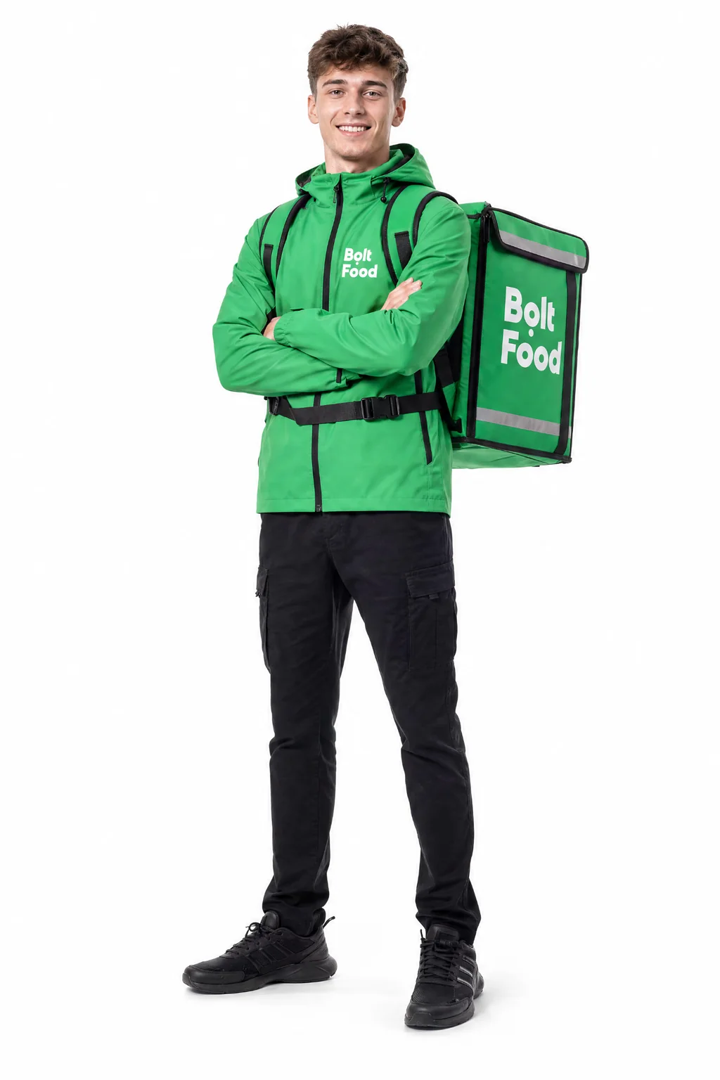 Smiling Bolt Food courier with crossed arms and a green backpack